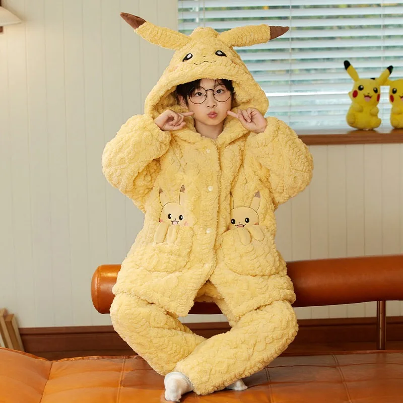 Boys' Thickened Warm Pajama Set 2025 - Pokémon Pikachu Three-Layer Quilted Fleece-Lined,Anti-Static Winter Two-Piece Loungewear