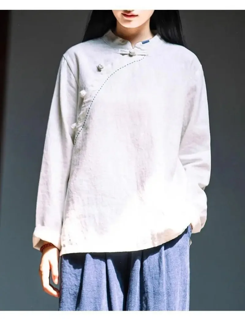 

Винтажная хлопково-льняная рубашка с длинными рукавами, женская свободная рубашка для похудения с воротником-стойкой через плечо и пуговицами, топ на весну, лето, осень
