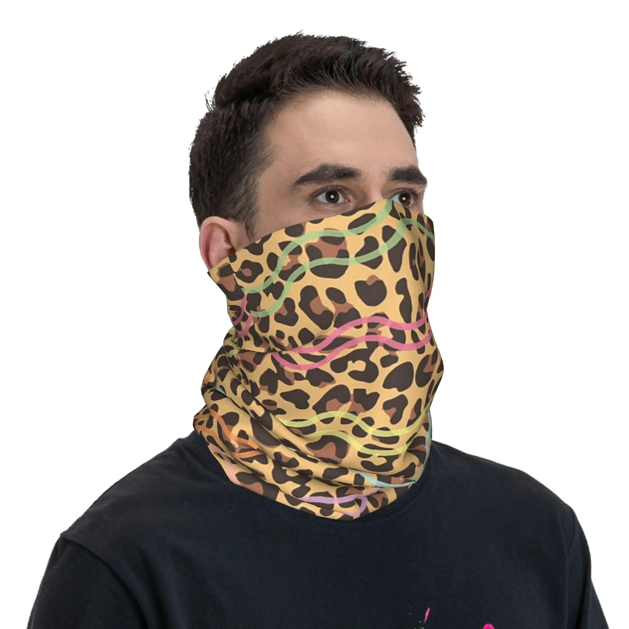 Leopardo impressão bandana pescoço gaiter impresso envoltório cachecol multifuncional ciclismo cachecol para homens mulheres adulto respirável