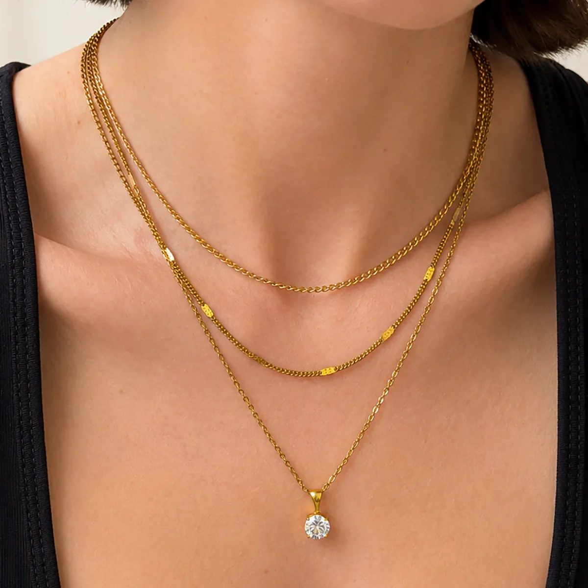 Trendy Stainless Steel Snake Chain Necklace Square Gemstone Pendant Layered Womens Chic Jewelry for Vacation Daily Dating Wear