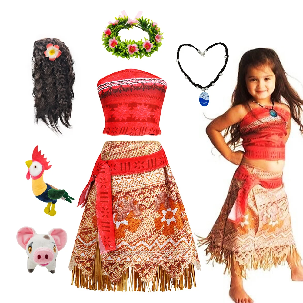 Moana Dress Kids Girls Children Cosplay Princess Birthday Carnival Party Costume with Necklace Flower Set Summer