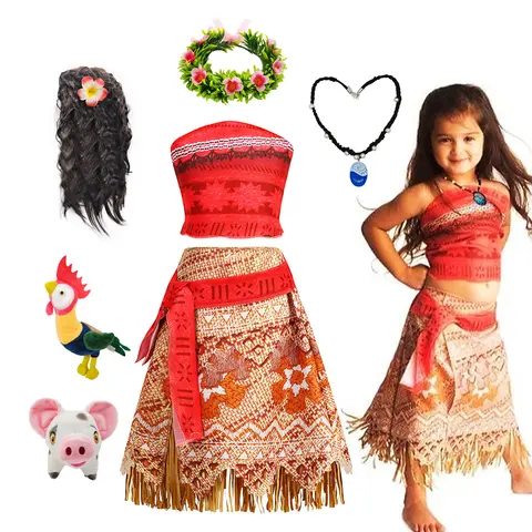 Moana Dress Kids Girls Children Cosplay Princess Birthday Carnival Party Costume with Necklace Flower Set Summer