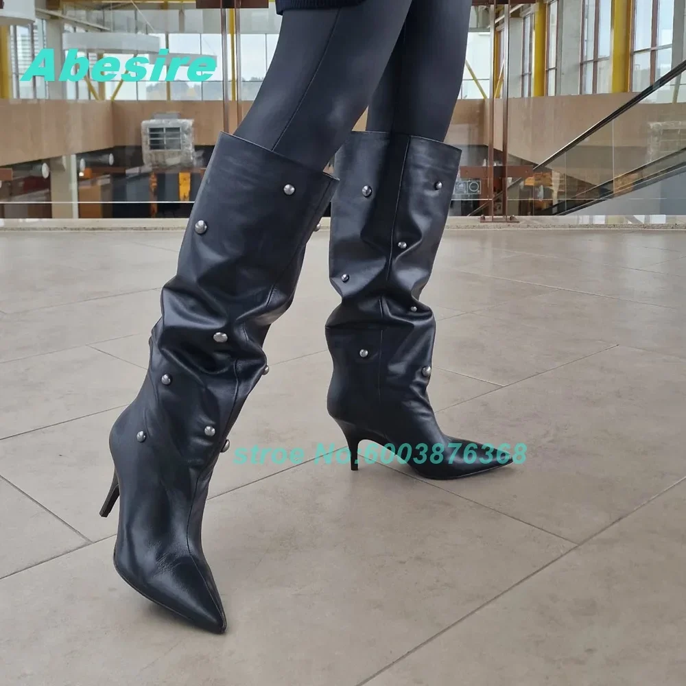 Pointed Toe Thin Heels Pleated Shoes for Women Button Patchwork Solid Matte Leather Knee High Boots Casual Concise Daily Shoes