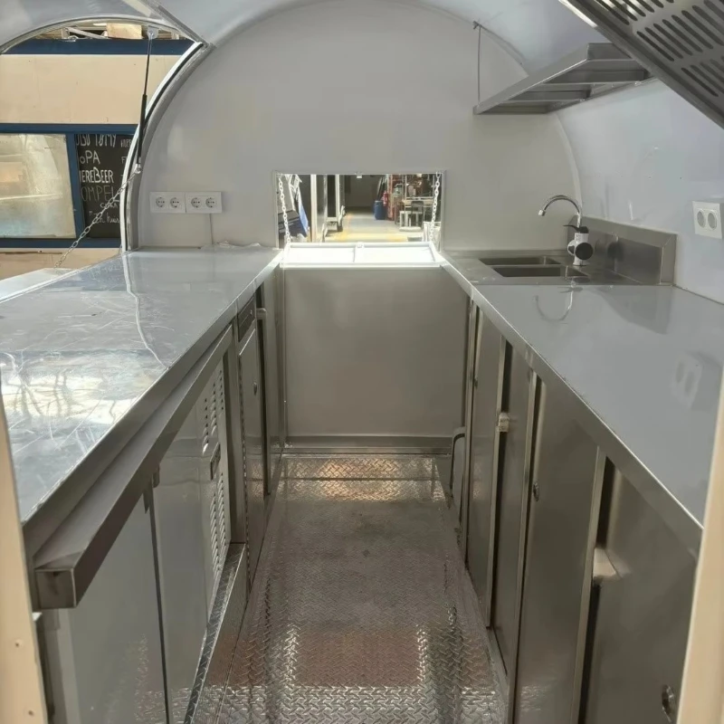 White Curved Mobile Food Trailer - Commercial Catering Unit with Stainless Steel Kitchen Food Truck Customized