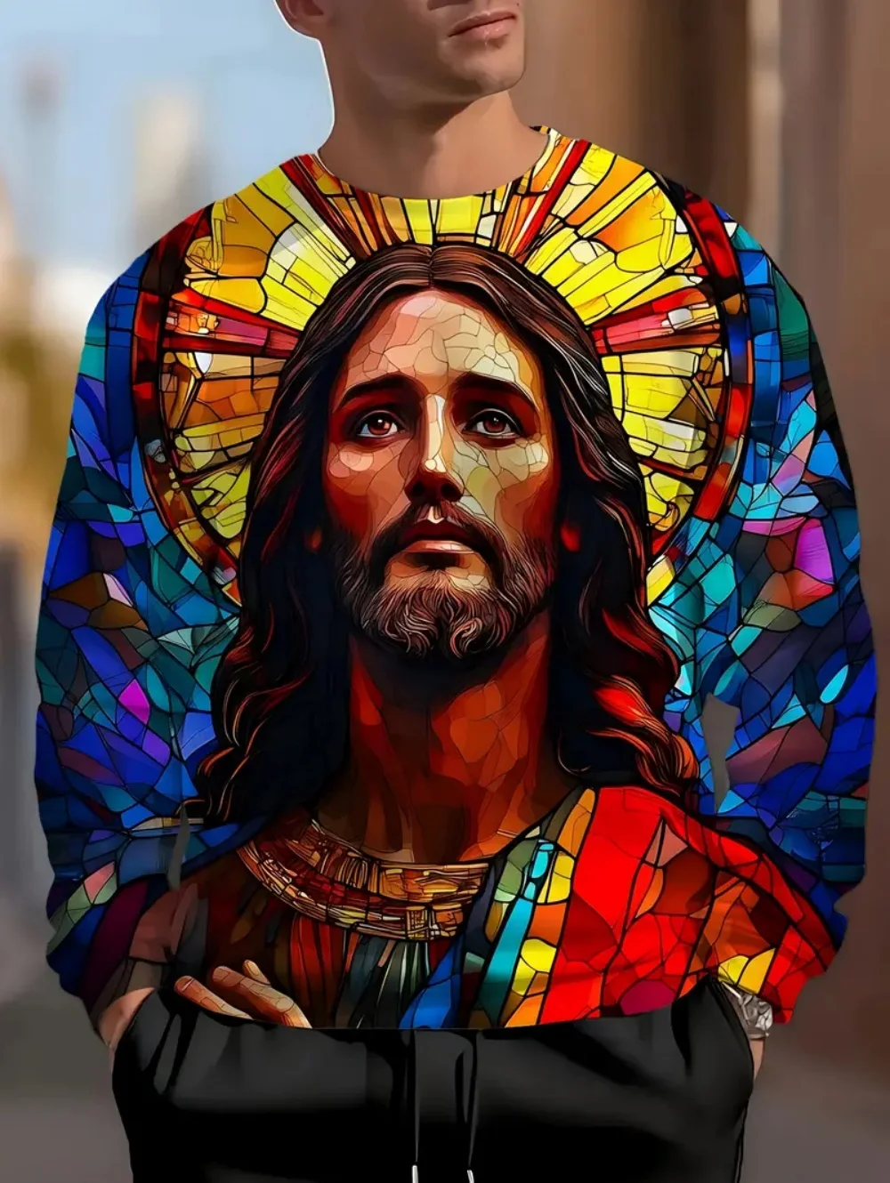 Men's 3D Jesus Print T-Shirt Long Sleeve Casual Crew Neck Praying Hands Design T-Shirt for Man New Loose Graphic Tee Shirt Tops