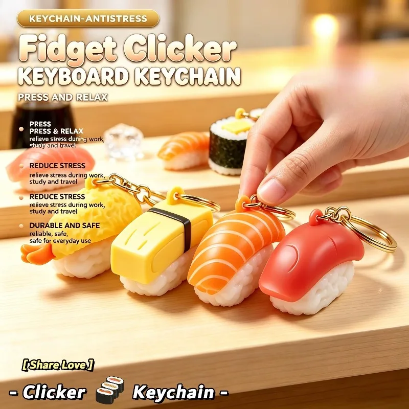3D Printed Sushi Keyboard Clicker Keychain Cute Japanese-style Simulation Sushi Fidget Keyring Stress Relief Bag Pendant Gift