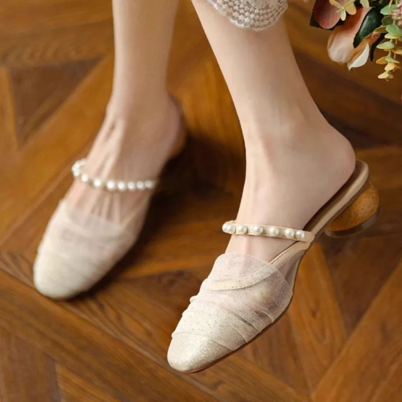 

Gold Sequined Shallow Women Slides Pearl Strap Spring Mules Shoes Square Toe Silver Mesh Summer Slippers Wood Med Heels Creepers