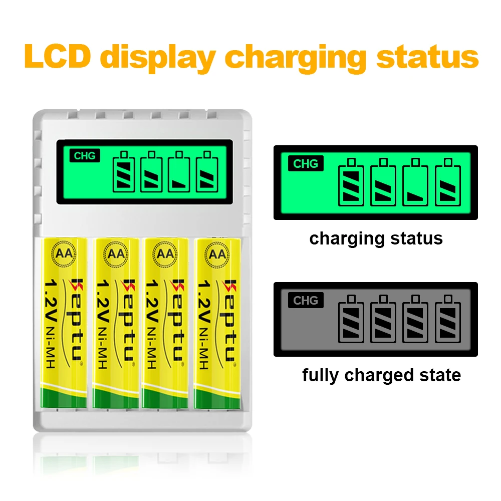 KEPTU 4Pcs 1.2V AA Ni-MH Rechargeable Battery 2200mAh aa with 4 Slots Quick Charger