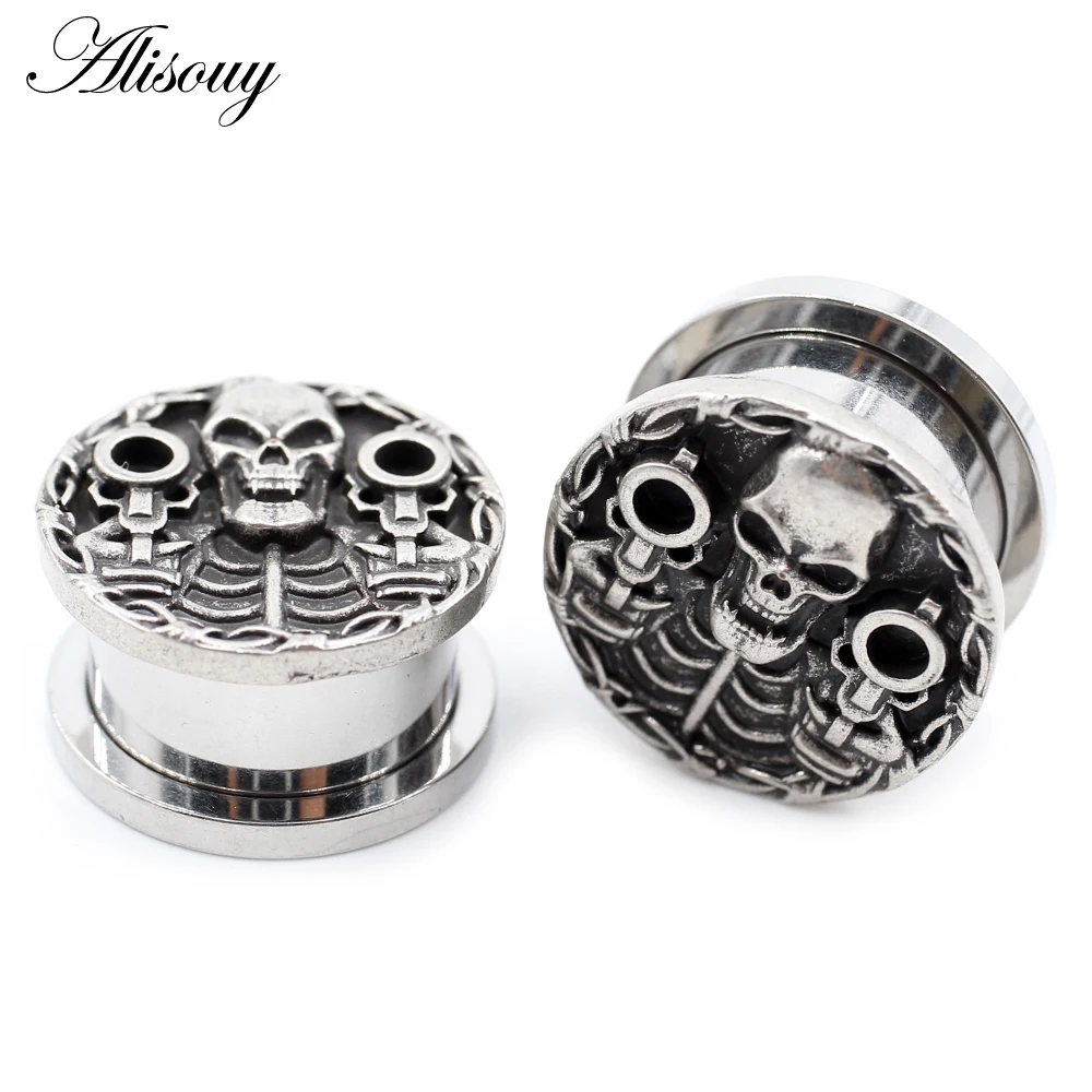 Alisouy 2PCS Stainless Steel Skull Pistol Skeleton Ear Plugs Tunnels Expander Stretchers Gauges Earrings Piercing Body Jewelry