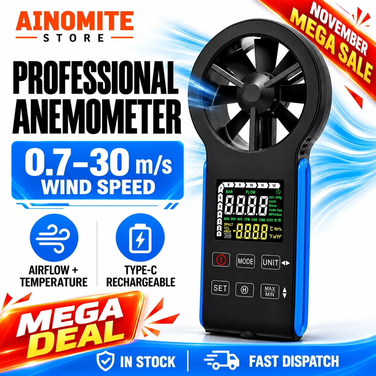 Handheld Anemometer CFM Air Flow Meter 0-999900, Wind Speed Tester HVAC Gauge with Temperature MAX/MIN for Duct Vent Fan