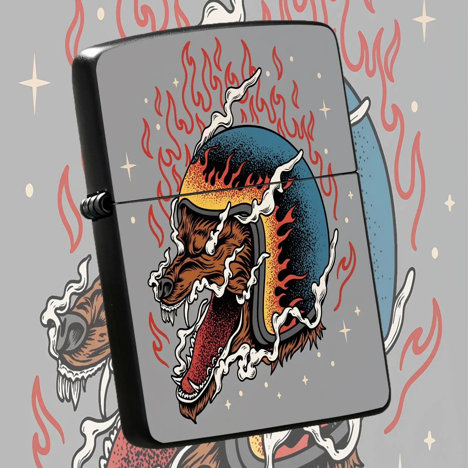Vintage Retro Werewolf Biker Helmet Print Lighter, Bold American Street Tattoo Style Portable Igniter, Multi-Scene Daily Use Accessory, Ideal For Outdoor Camping Home Decor, Unique Stylish Gift Choice For Biker Enthusia A Humorous And Inter