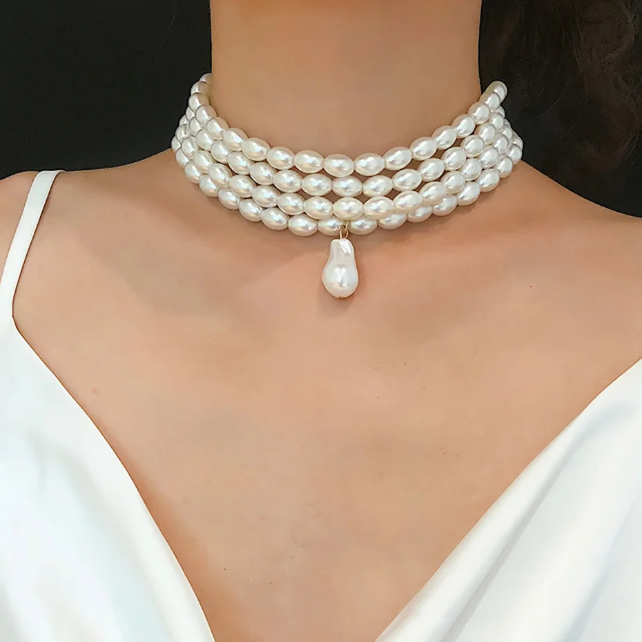 Elegante unregelmäßige Nachahmung Perle Choker Halskette Frauen Braut mehr schicht ige Schlüsselbein Kette ästhetischen Hals Schmuck wed Accessoires – Detail 6