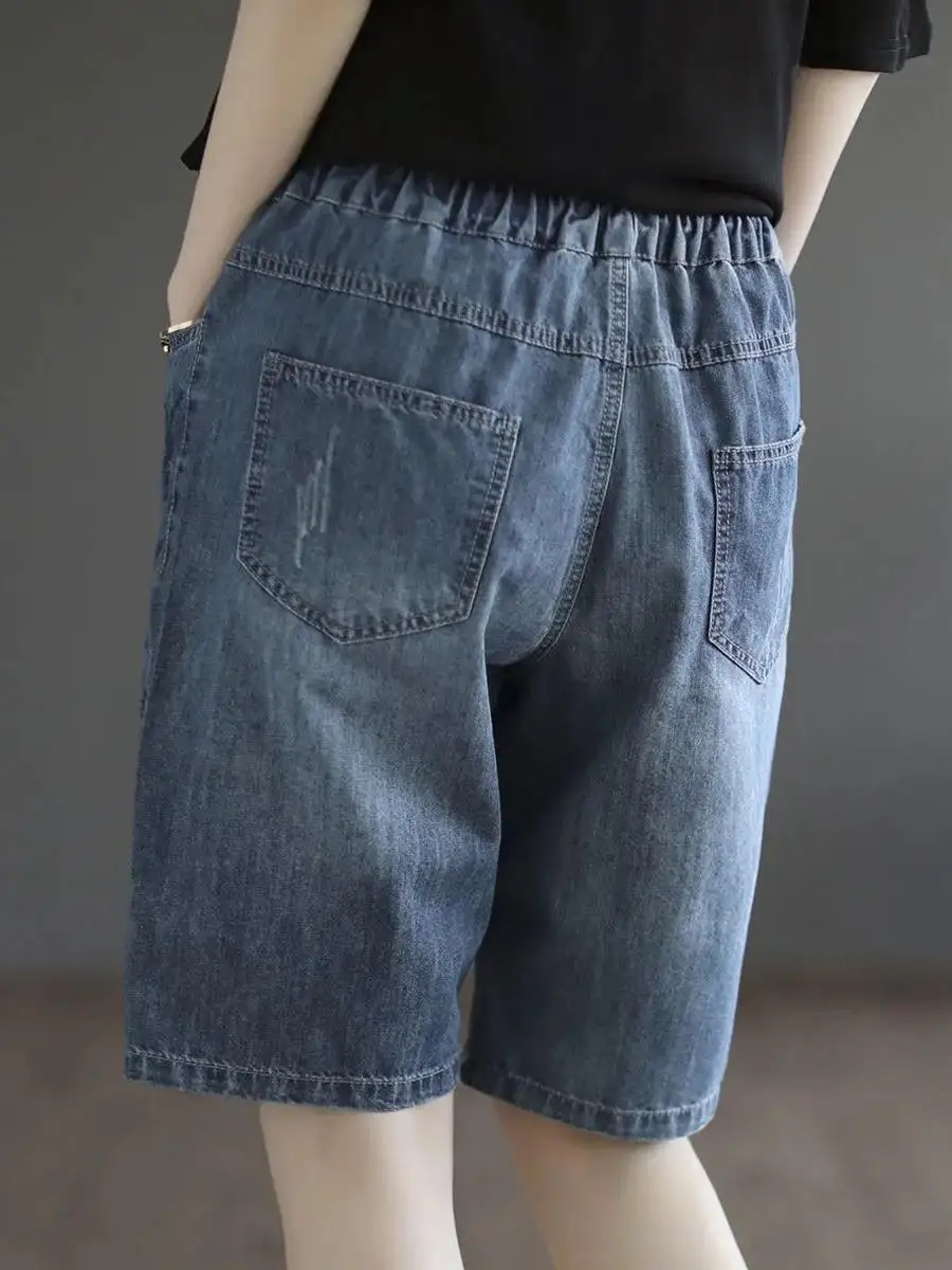 

Джинсовые лыжи с вышивкой в стиле ретро, женские летние тонкие свободные брюки-харлан с прямыми штанинами «пять четвертей», большие размеры, повседневные брюки с высокой талией