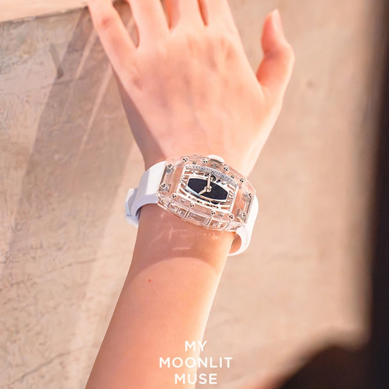 CRONUSART Women Automatic Watch 31.5mm Ladies Meachanical WristWatch Acrylic Tonneau Case Sapphire Mirror Skeleton Dial