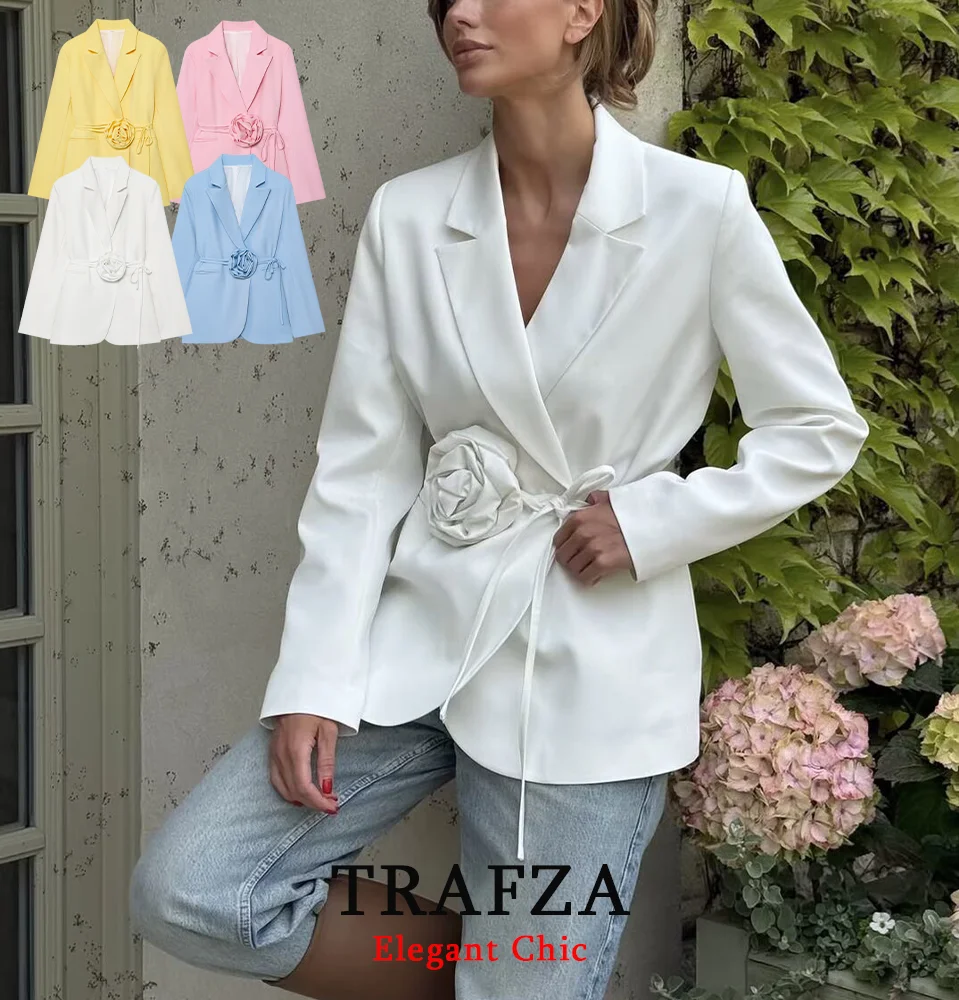 

KONDALA Women Elegant Chic Flower Blazer Three-dimensional Flower Lace-up Blazer 2025 Spring Fall Romantic Dinner Lady Coat