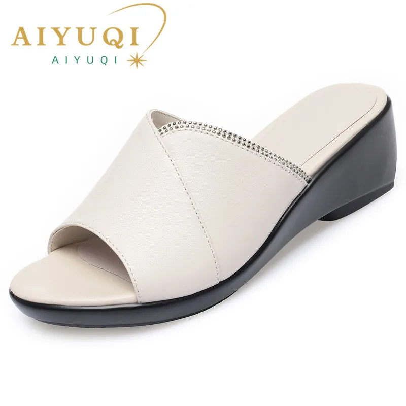 AIYUQI Women Slippers Sandals Genuine Leather Summer New Open-toe Women Shoes Slippers Big size 41 42 43 Mom Wedge Women Slides