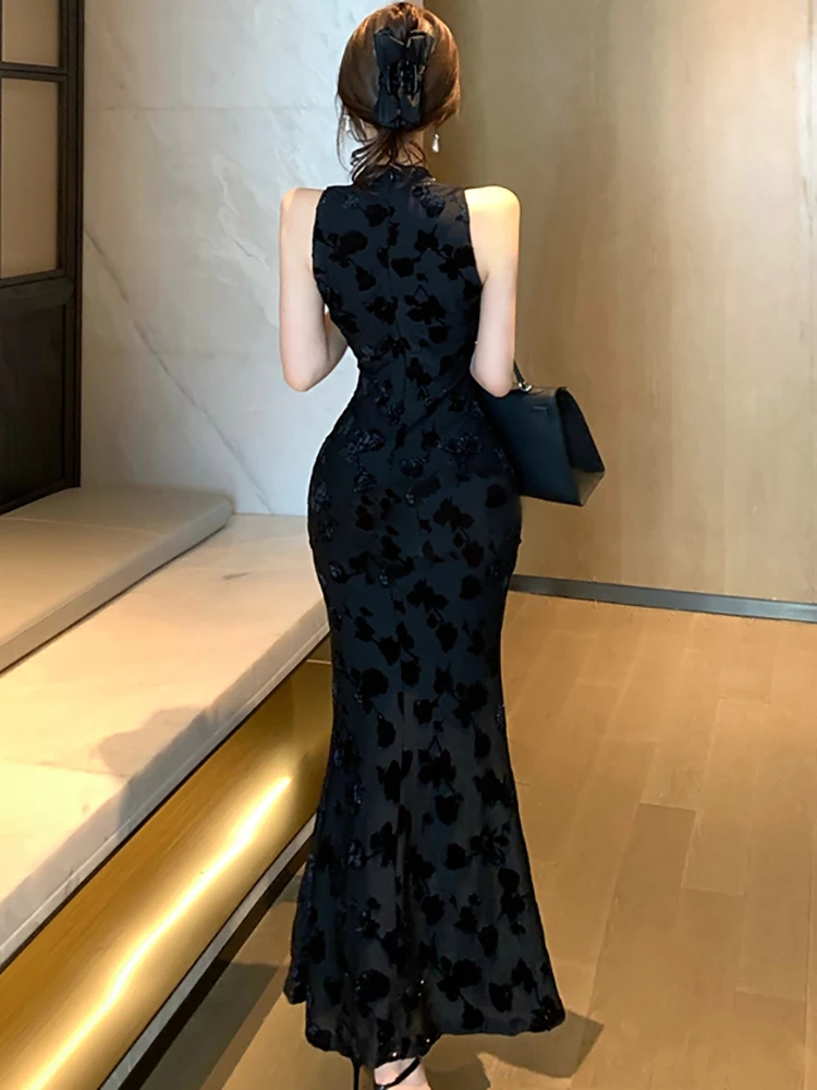 Abito da gala di lusso con volant pieghettato jacquard nero Abito da festival aderente vintage estivo da donna 2025 Abiti eleganti coreani Hepburn