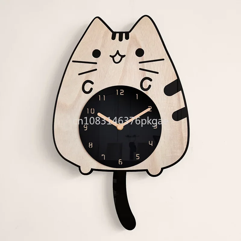 

Wooden Cartoon Clock Home Decor Living Room Cat Tail Wagging Creative Mute Swinging Wall Clock