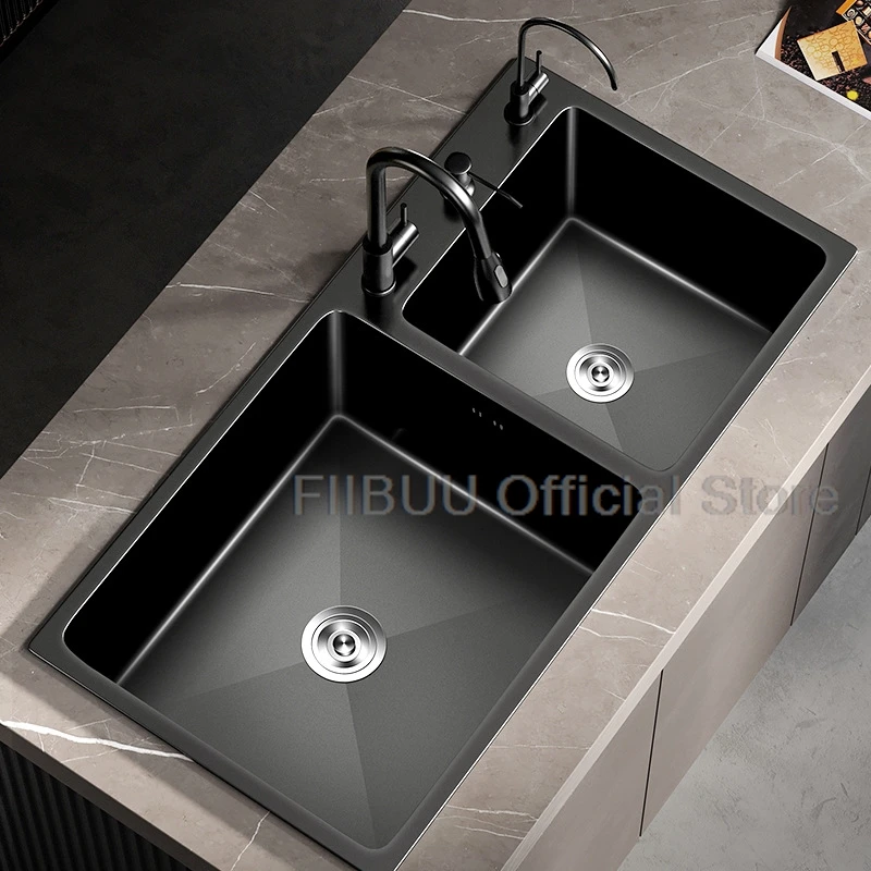 Black Stainless Steel Kitchen Sink Large Capacity Double Sink Thickened Handmade Workstation With Faucet And Telescopic Basket