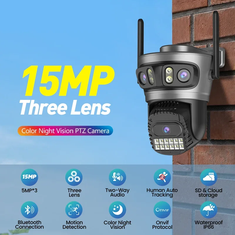 2026 15MP Three-Lens Outdoor Security CCTV Dome Camera Colorful Night Vision Wide Angle Two-Way Audio Auto Tracking PTZ WiFi Cam