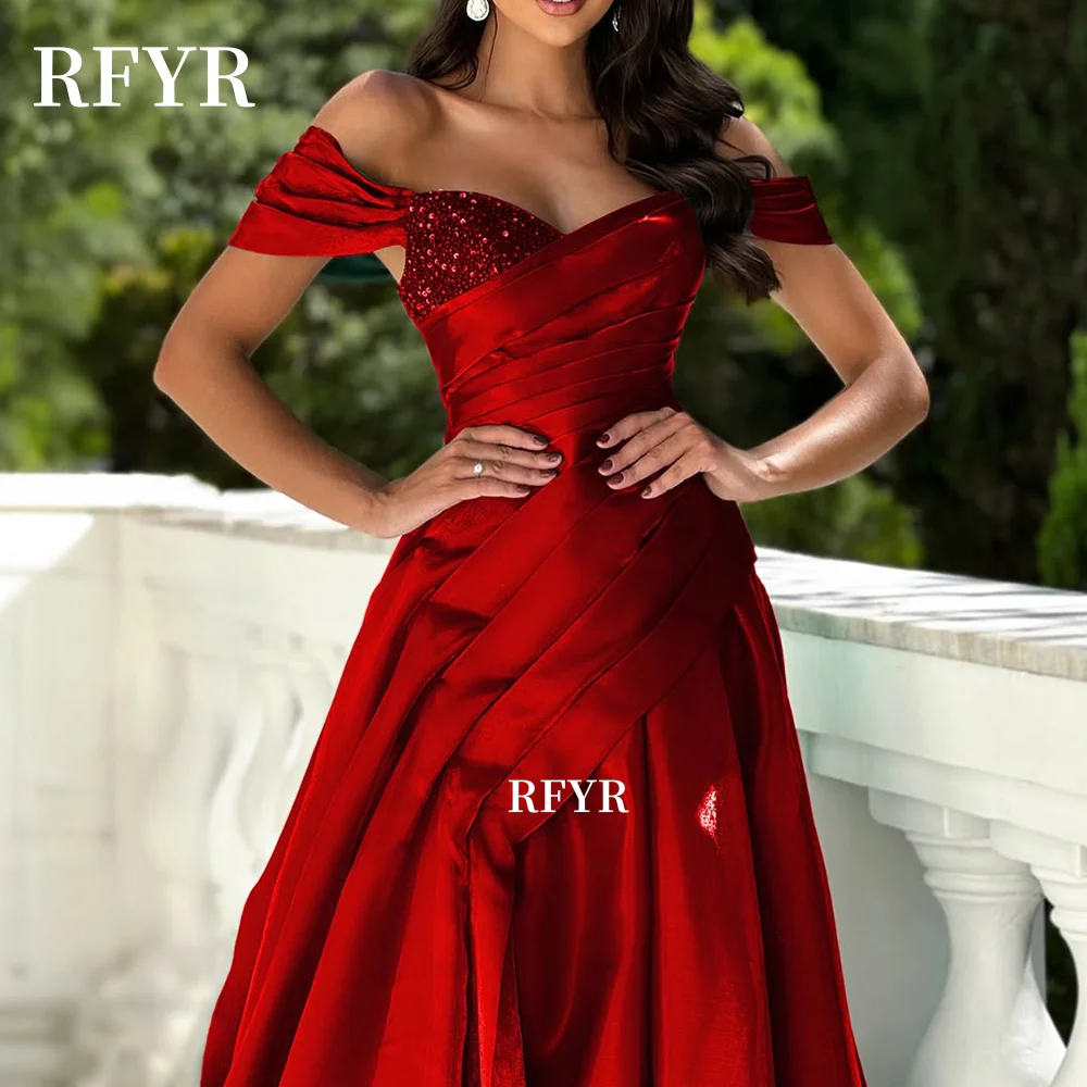 

RFYR Red Prom Dress Off Shoulder Evening Dress High Slit Party Dress Sequined Dress with Pleats for Women vestidos de fiesta