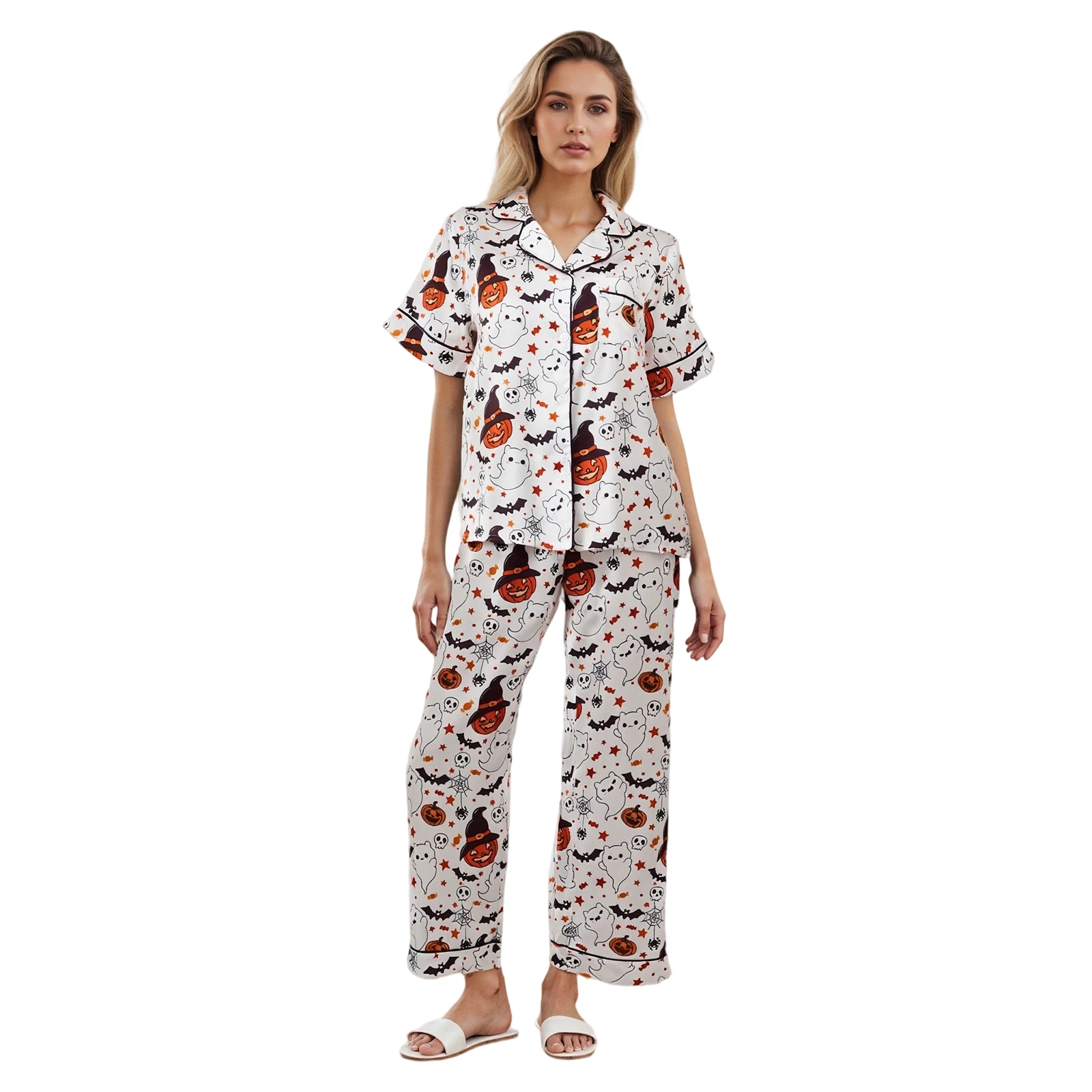 

Женские атласные пижамные комплекты на Хэллоуин с призраками и тыквенным принтом, топы с V-образным вырезом и короткими рукавами и брюками, мягкая одежда для сна