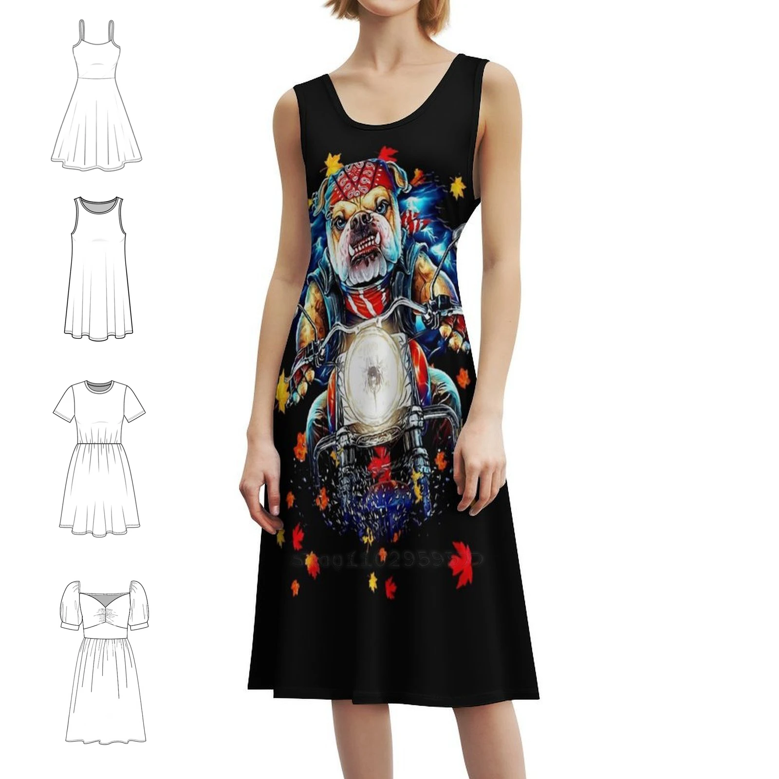 

Байкерский бульдог, осеннее забавное дизайнерское платье в корейском стиле для женщин, элегантное повседневное платье для вечеринки или повседневной носки, байкерская осень с бульдогом