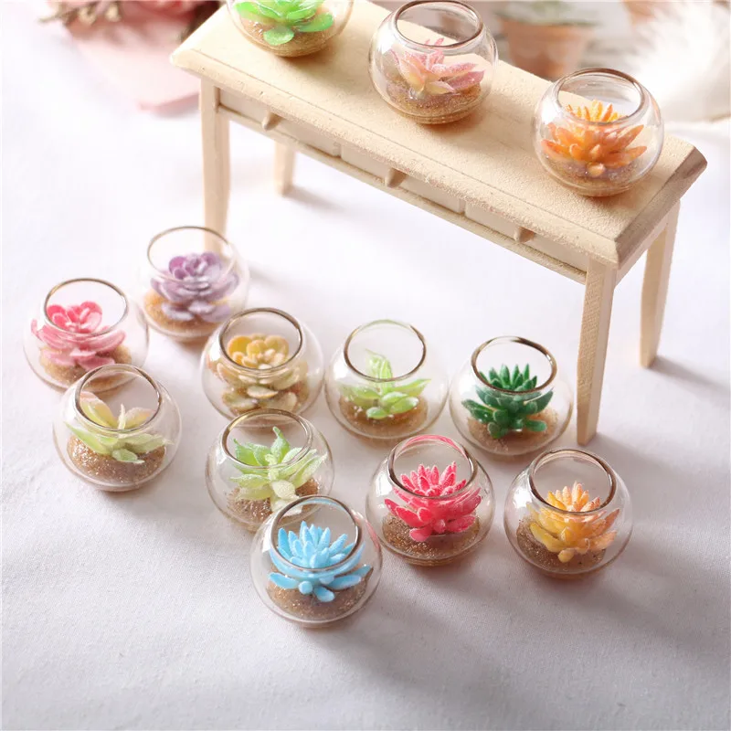 3pcs Dollhouse Mini Glass Jars Succulent Plants Models Miniature Landscape Ornaments Doll Accessories Desktop Decoration