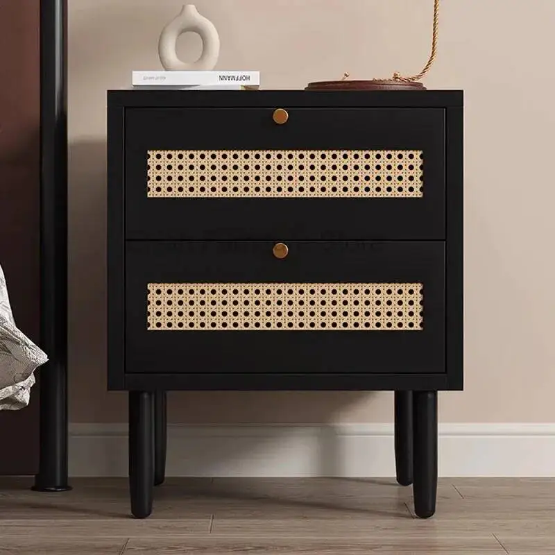 

Rattan Bedside Table Modern Simple Black Vintage And White Versatile Bedroom Bedside Cabinet Small Storage Cabinet