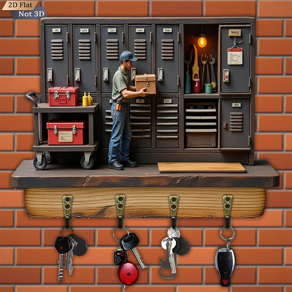 2D Flat Retro Industrial Style Key Hook, 1pc, Wooden Multifunctional Home Key Hanger with 4 Metal Hooks, Wall Decoration, Porch