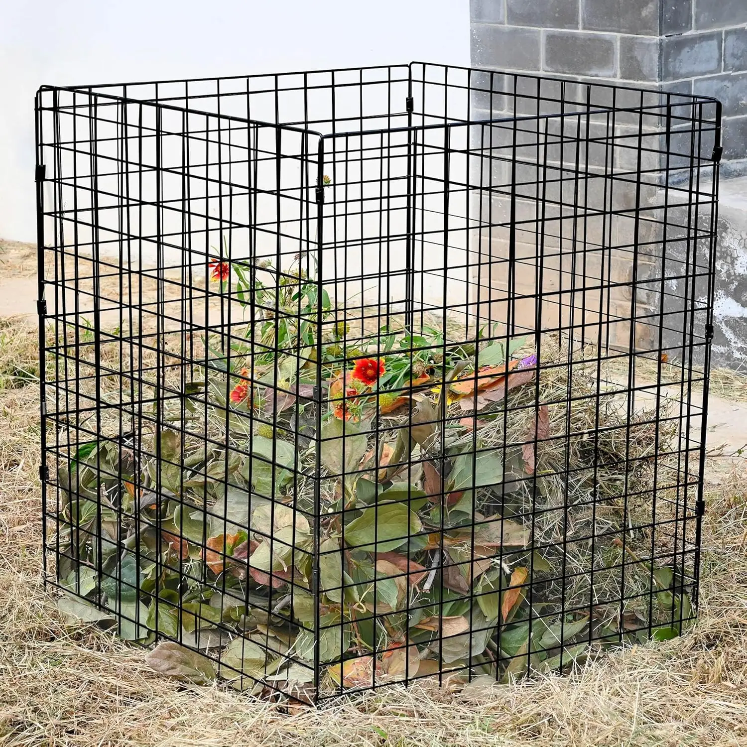 Outdoor Yard Waste Composting - Metal Wire Mesh Compost Bin in Black, Square, 36X36X28 Inches, for Stacking Leaves