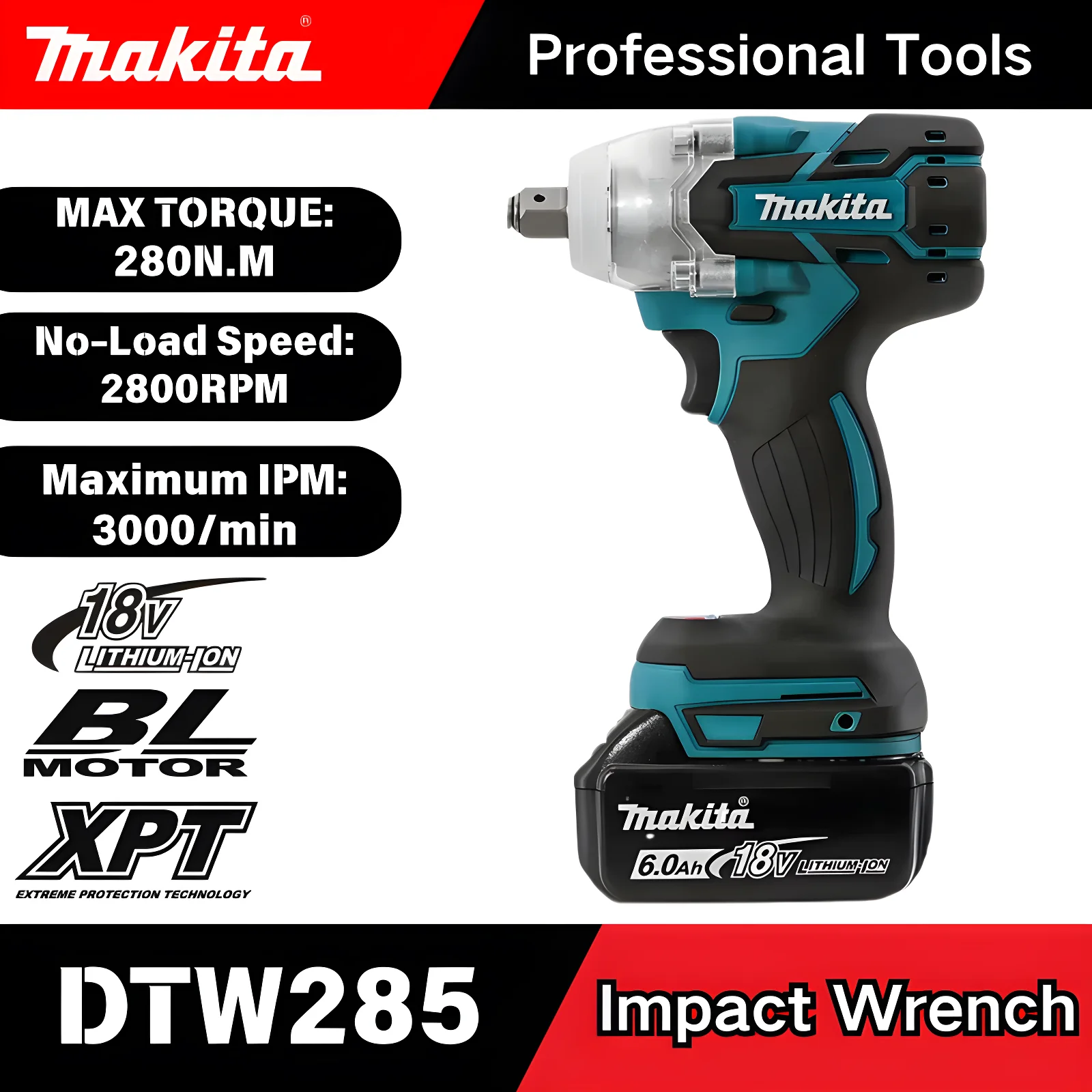 

Makita DTW285 18V Tool Set Brushless Power Large Cordless Wrench 280Nm Torque Wind Cannon Remove Tire Lithium Auto Repair