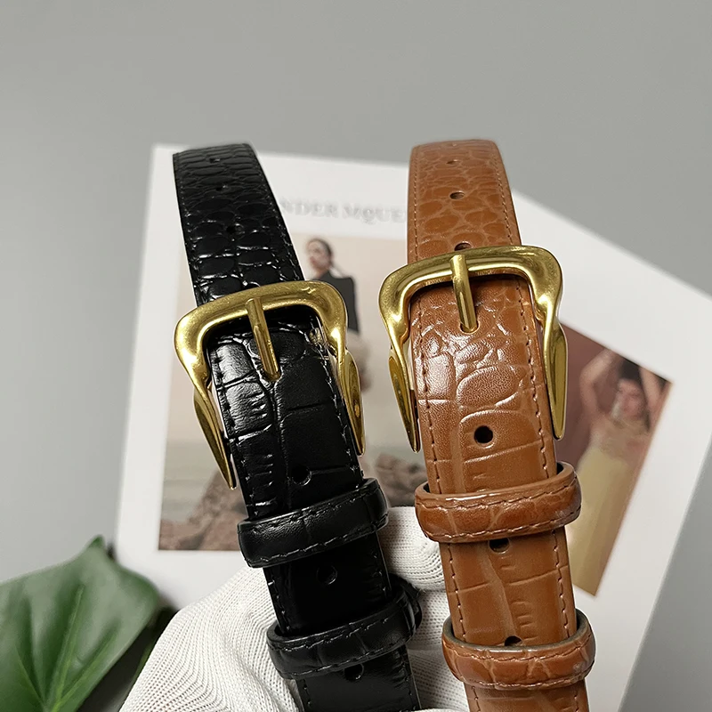 Cowhide Gold-Plated Buckle Belt Original Retro Classic Embossed Ladies Crocodile Belt Versatile Genuine Leather Trend 2.8cm Widt