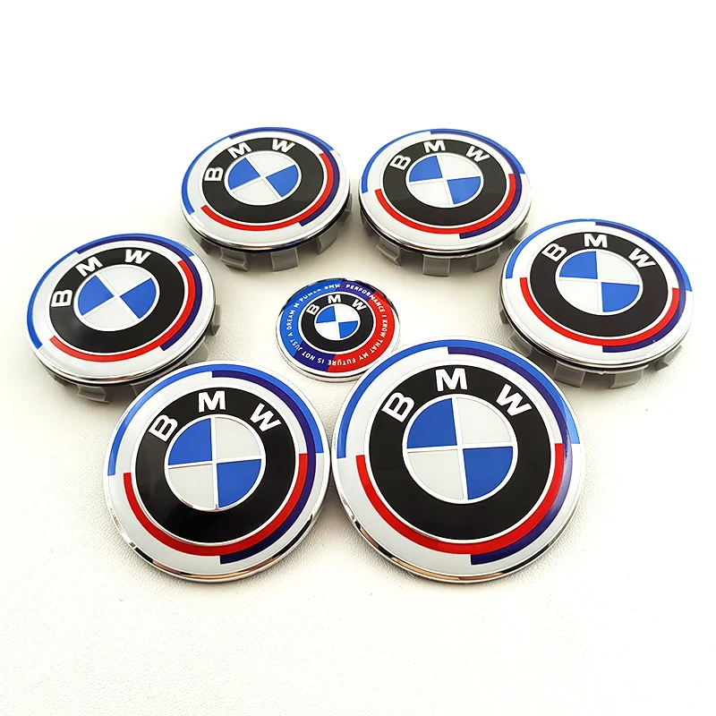 BMW Anniversary Logo 82mm Car Front Hood Emblem 74mm Rear Trunk Badge 56mm 68mm Wheel Caps 45mm Steering Wheel Cover Sticker