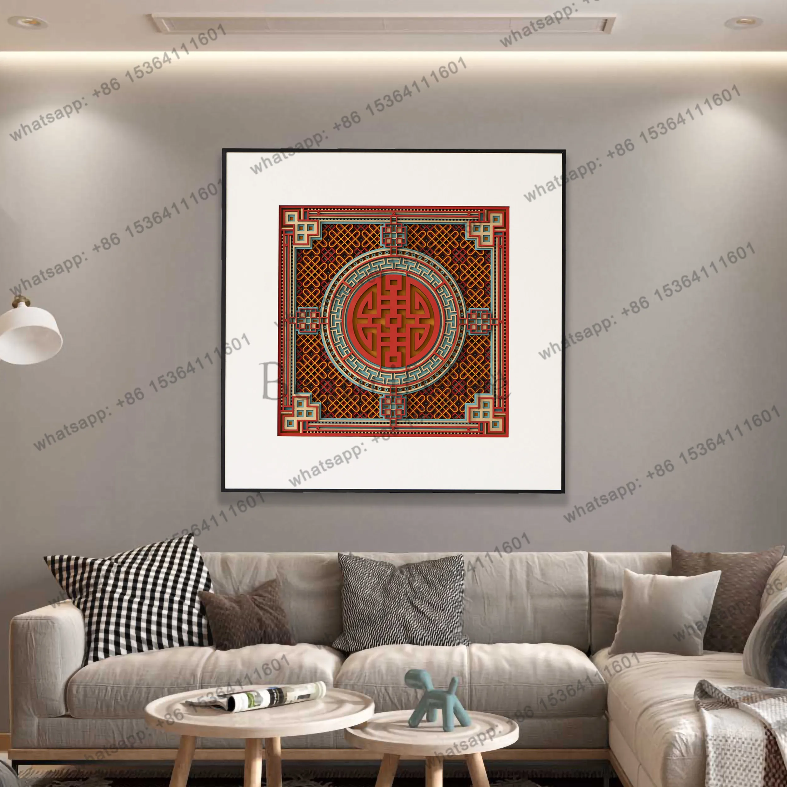 LJY ladder wood stacking carving new Chinese style happy character hanging painting creative living room wall decoration