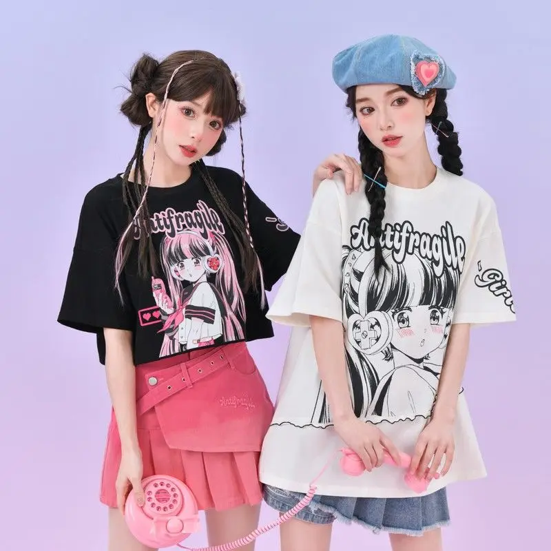 

Korejpaa Manga Girl Y2k Одежда Футболка Женская с короткими рукавами Милые футболки с круглым вырезом Верхняя одежда Kawaii Одежда Летние футболки Мода