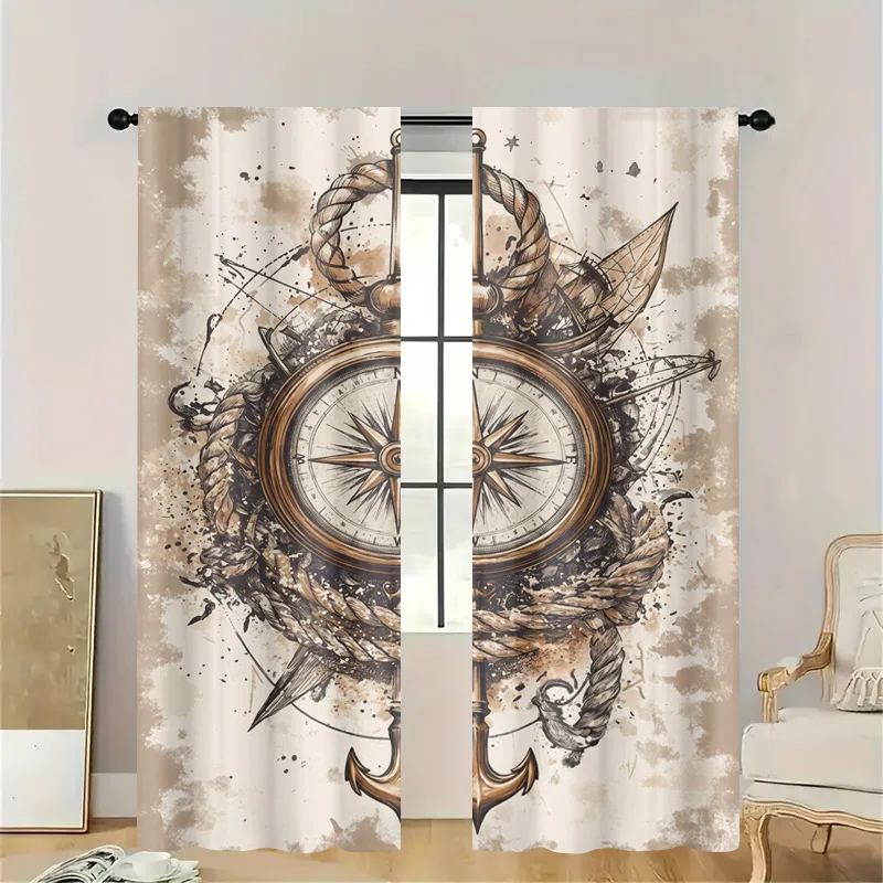 Nautical Compass Anchor Decorative Sheer Curtains Bathroom Kitchen Window Panel Rustic Ocean Map Room Decor Festival Nautical Th