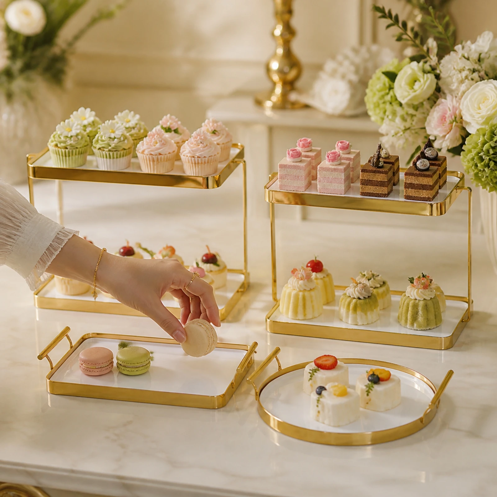5 Pieces Gold Ceramic Dessert Display Set Stable Elevated Dessert Stand Set with Trays Serveware Luxurious Servingware Versatile