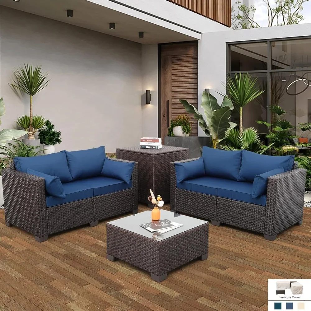 

4 Piece Patio Furniture Set Furniture Sets Loveseat Storage Box Coffee Table with Anti-Slip Cushions and Waterproof Covers