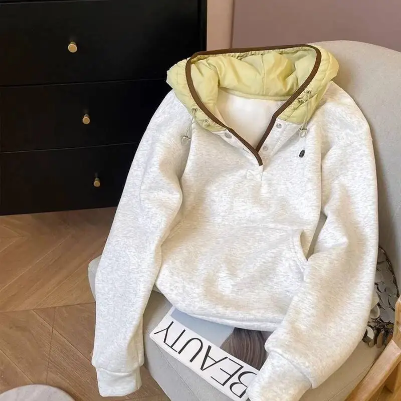 

Contrast Color Plus Velvet Warm Hooded Sweatshirt For Women New Style Right Shoulder Outer Wear Thickened Long-Sleeved