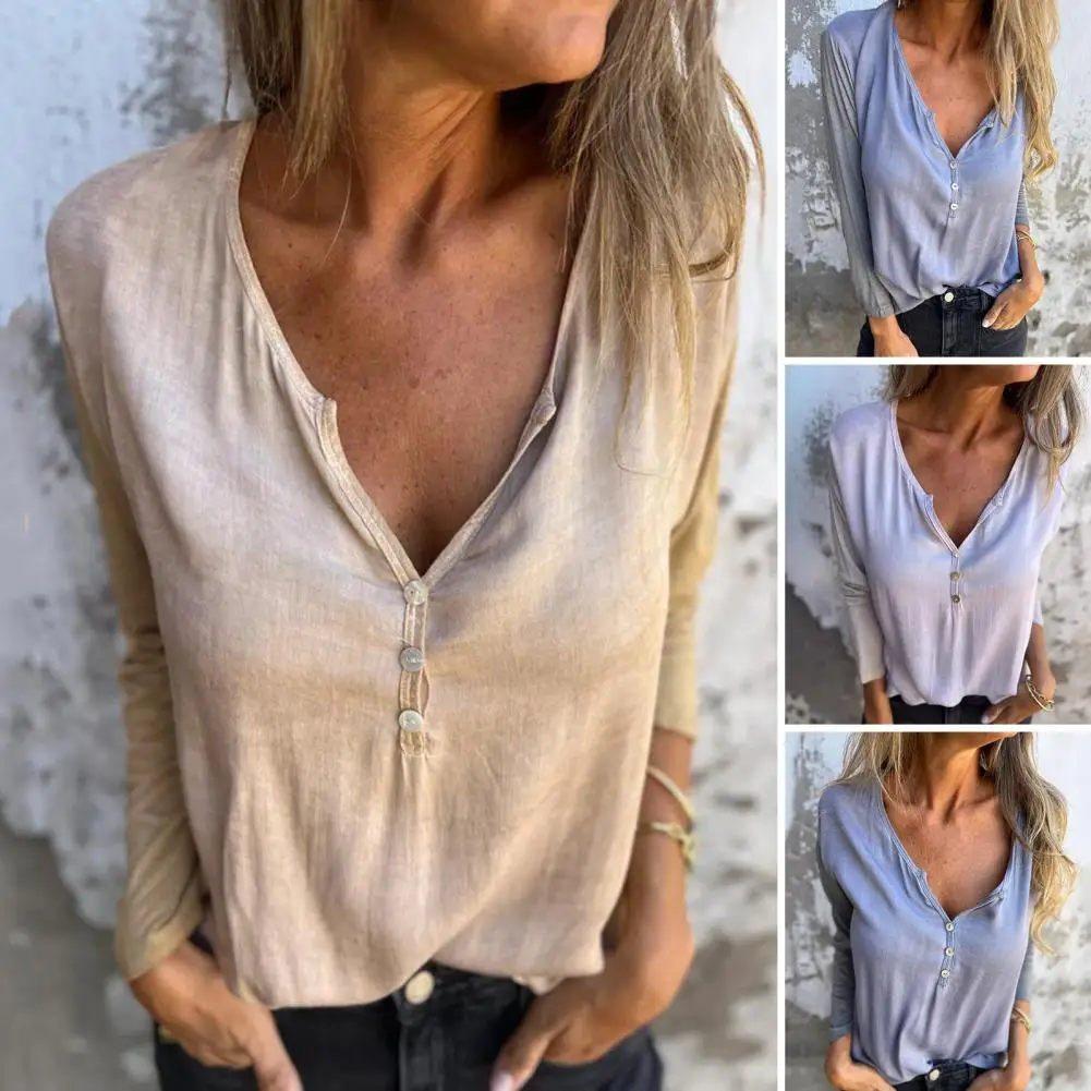 Top informal elegante con cuello en V abotonado para mujer, ropa diaria informal, Blusa de manga larga holgada, tela elástica de Color sólido