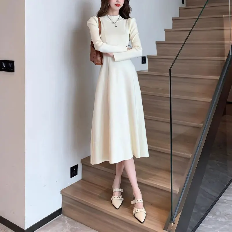 

Vintage Long Sleeve Midi Dress Slim Autumn Winter French Style Half High Collar Women's Clothing Solid Color Aura A-Line Dresses