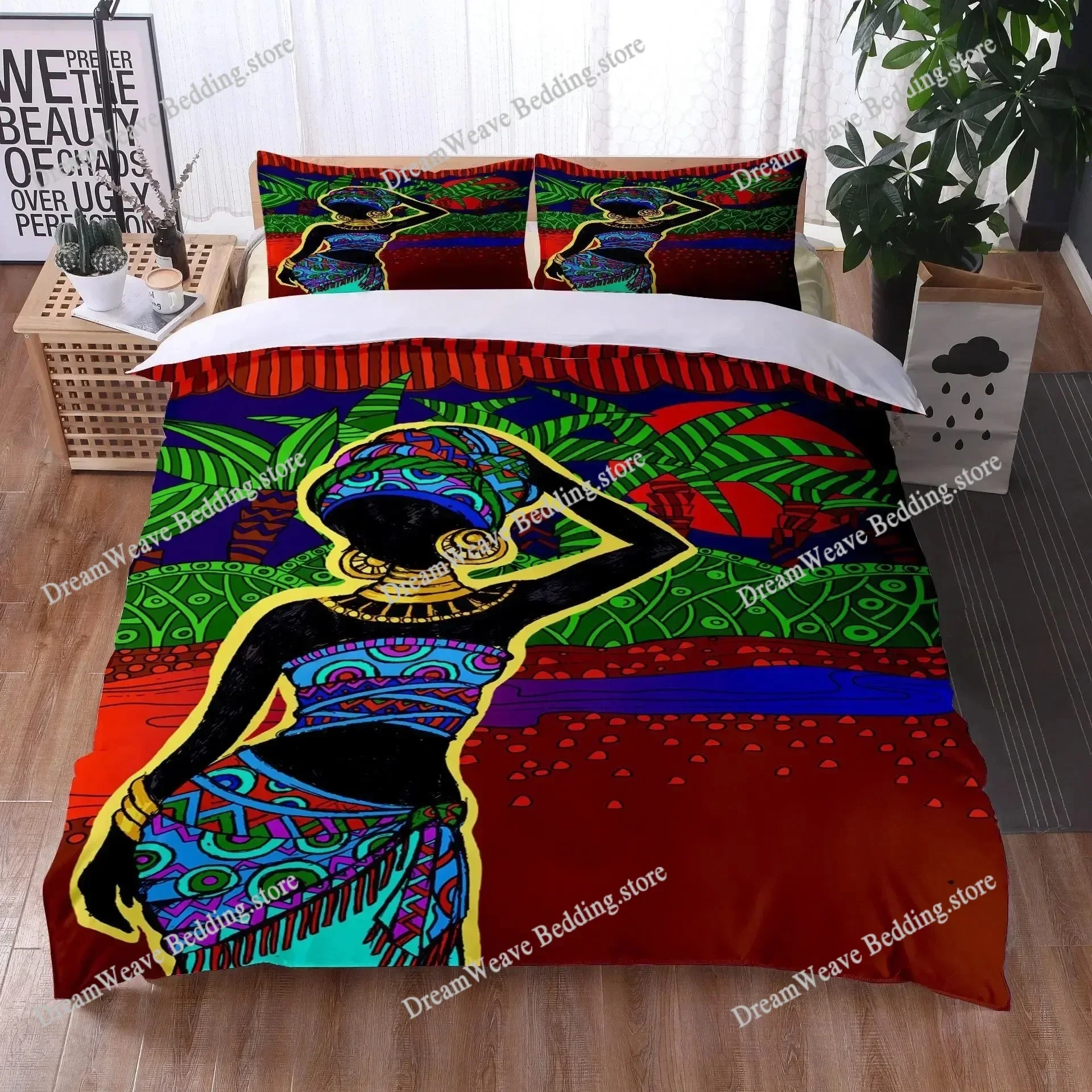 African Woman Bedding Set Ethnic Afro Duvet Cover Microfiber African American Comforter Set 3 Pieces Orange Ancient Desert Full5