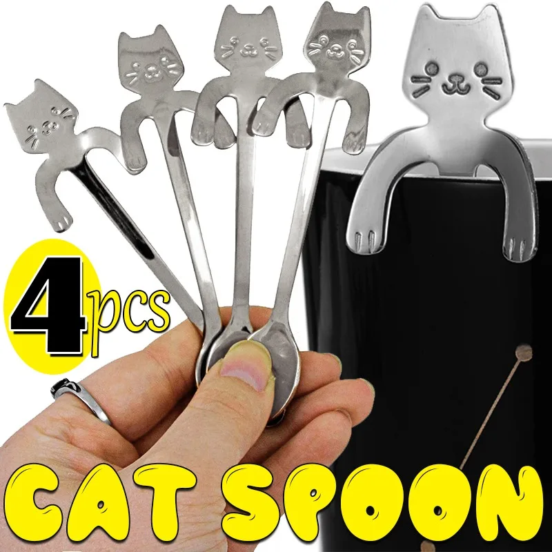 Cute Cat Coffee Spoon Stainless Steel Teaspoons Ice Cream Dessert Snack Scoops Cartoon Mini Cats Spoons Tableware Kitchen Tools