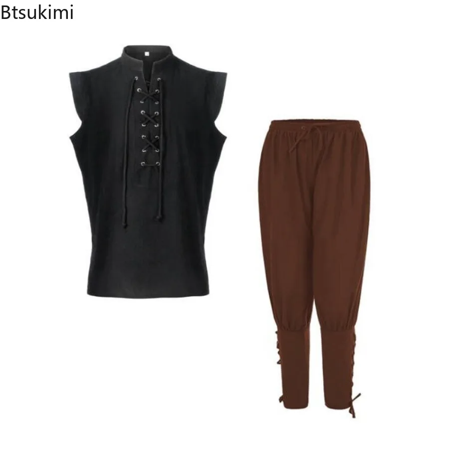 2025 Medieval Men's Cotton Linen 2pc Sets Renaissance Victorian Men Lace-up Stand Collar Tops Pants Casual Suit Cosplay Costumes