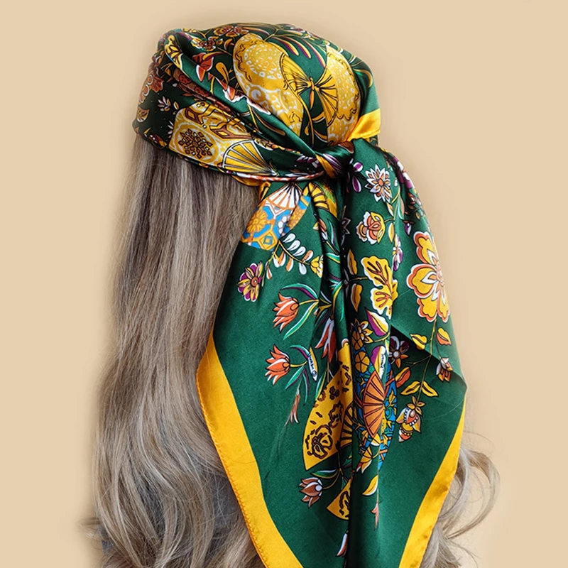 

2022 90X90CM Fashion Kerchief Silk Satin Neck Scarf Women Print Hijab Female Square Shawls Wraps office Lady muffler bandanna