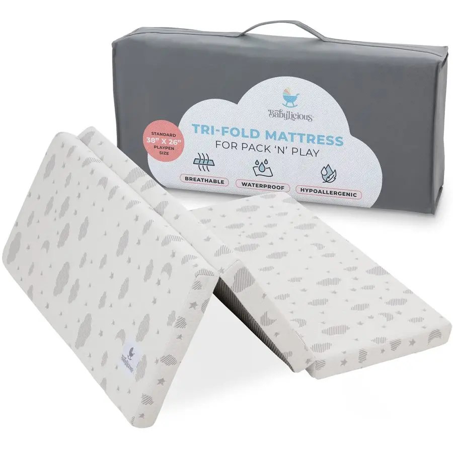 

Waterproof Pack and Play Mattress Topper 38 x 26 x 1.5 Trifold Style Breathable Soft Plush Foam Portable Mattress Topper Baby F