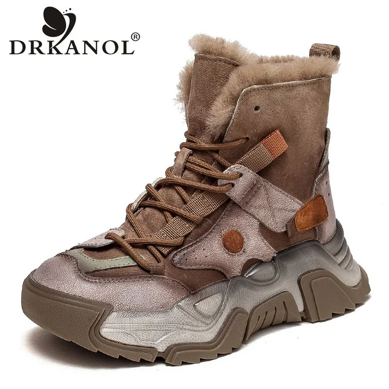 DRKANOL Women Snow Boots Winter Warm Shoes Thick Sole Platform Genuine Leather Mixed Colors Lace-Up Trend Short Ankle Boots Lady