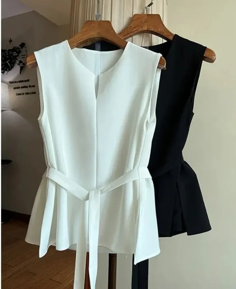 

Women's 2025 Summer New Fashion Solid Color V-neck Sleeveless Spliced Drawstring Asymmetric Slim Pullover Shirts Tops BlouseZT79