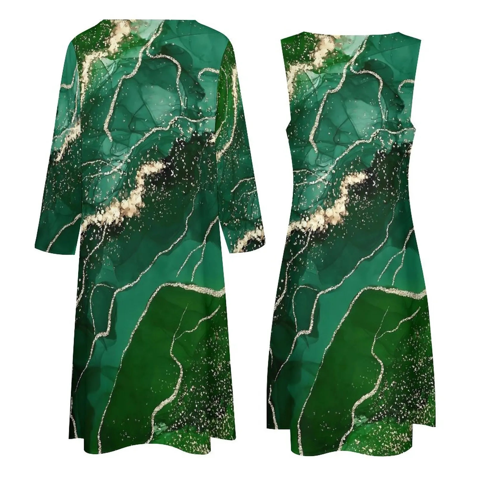 Vestido de mármol verde y dorado, Maxi vestido Kawaii, ropa de calle, Vestidos largos bohemios de playa para mujer, Vestidos gráficos de dos piezas de gran tamaño